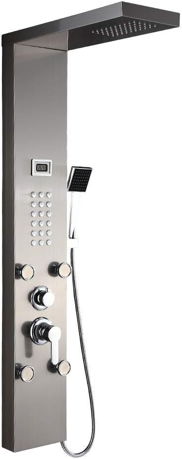 Auralum Columna Ducha Hidromasaje 4 Funciones con Pantalla LCD — Panel de ducha acero inoxidable con lluvia, ducha de mano y masaje