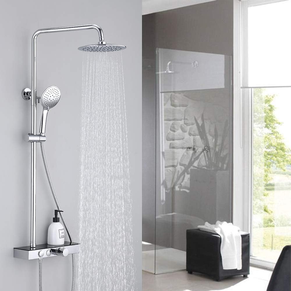 HOMELODY Columna de Ducha Termostática 38 °C — Conjunto de ducha con estante, altura ajustable, rociador de lluvia y teleducha 3 funciones