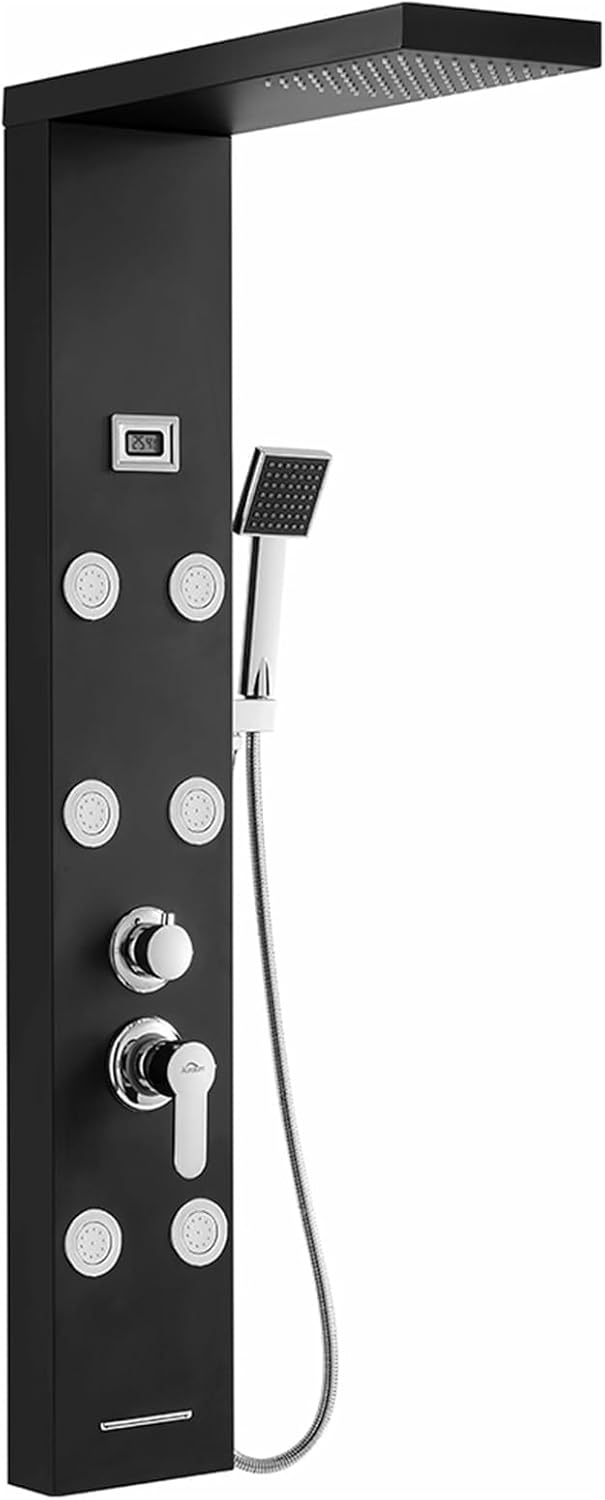 Auralum Columna Ducha Hidromasaje Negra — Panel de ducha 4 funciones con pantalla LCD, acero inoxidable, lluvia, cascada, masaje y teleducha