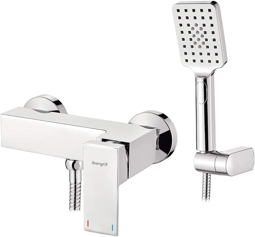 Ibergrif M12005 Atenas — Mezclador cuadrado, grifo de ducha monomando con alcachofa, soporte y manguera, cromo