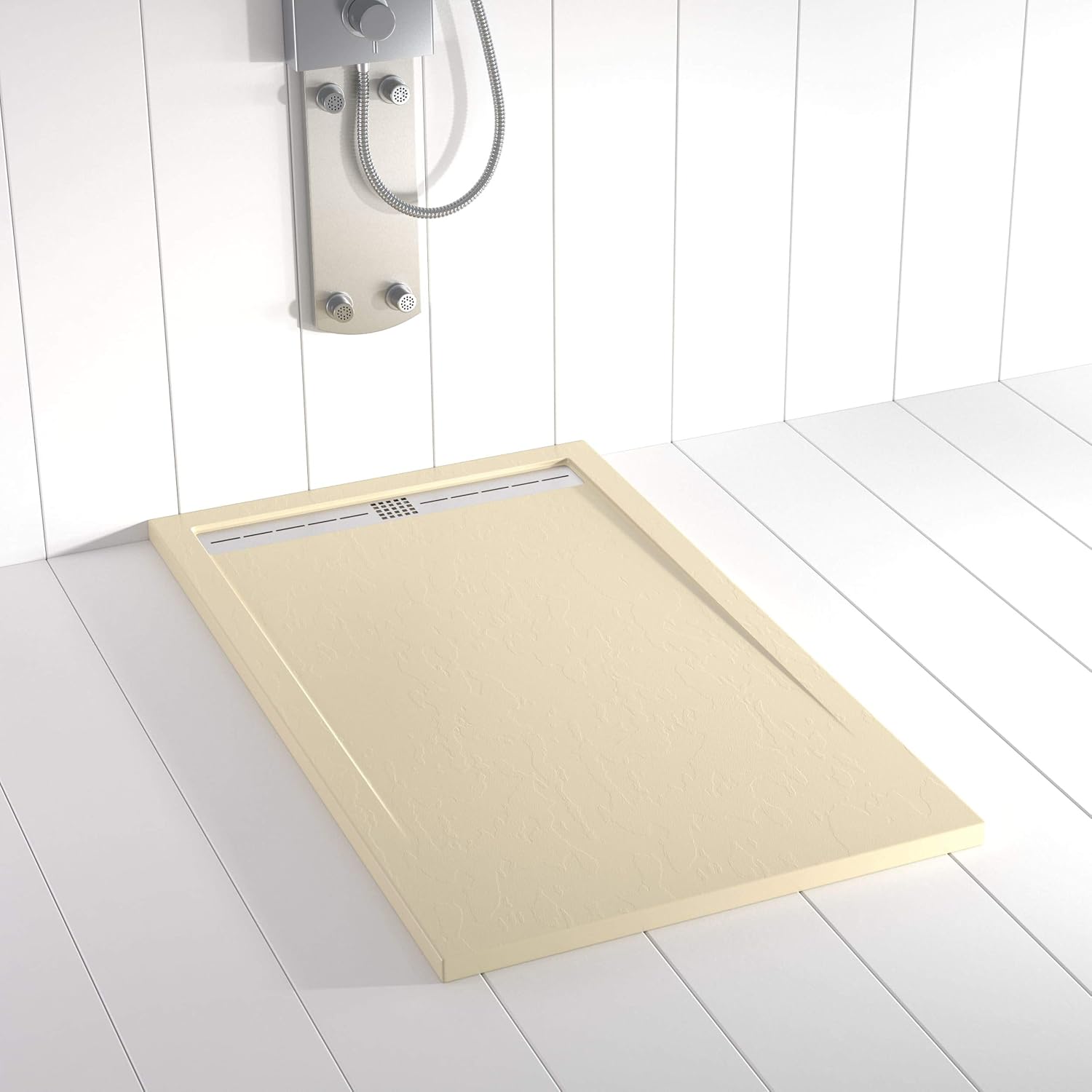 Plato de ducha Resina FLOW - Shower Online - 90x70 - Textura Pizarra - Antideslizante - Crema RAL 1015