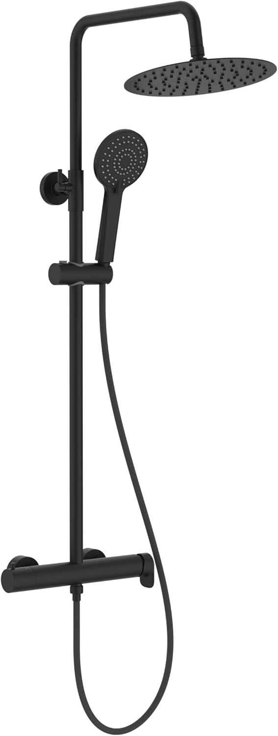 Roca Vega Plus — Columna de ducha industrial negro mate con rociador circular de 25 cm y altura ajustable